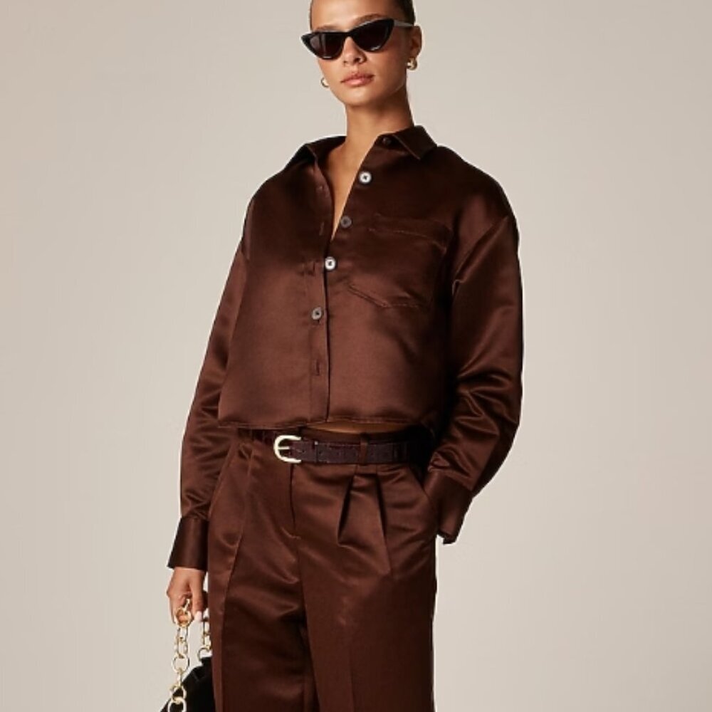 J.Crew Étienne Cropped Button‑Up Shirt in Duchesse Satin – French Press – Size S - Picture 2 of 5